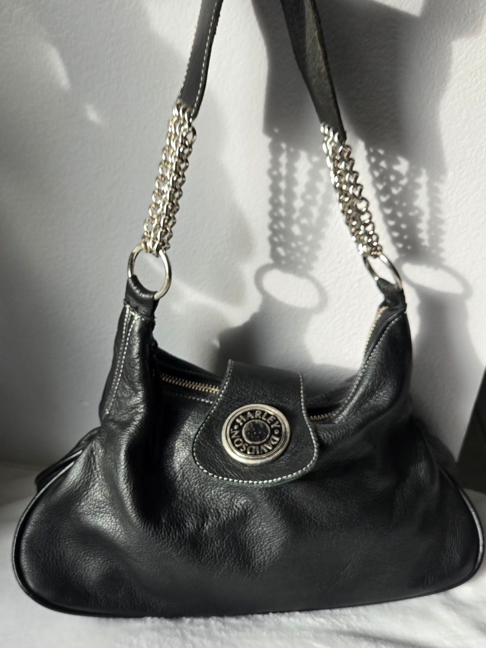 VINTAGE Harley Davidson Black Pebbled Leather Chain Hobo Shoulder Bag EUC